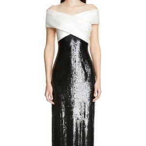 Layered Sequin Off-the-shoulder Silk Georgette Gown W/ Slit In Cream/Caviar NWT